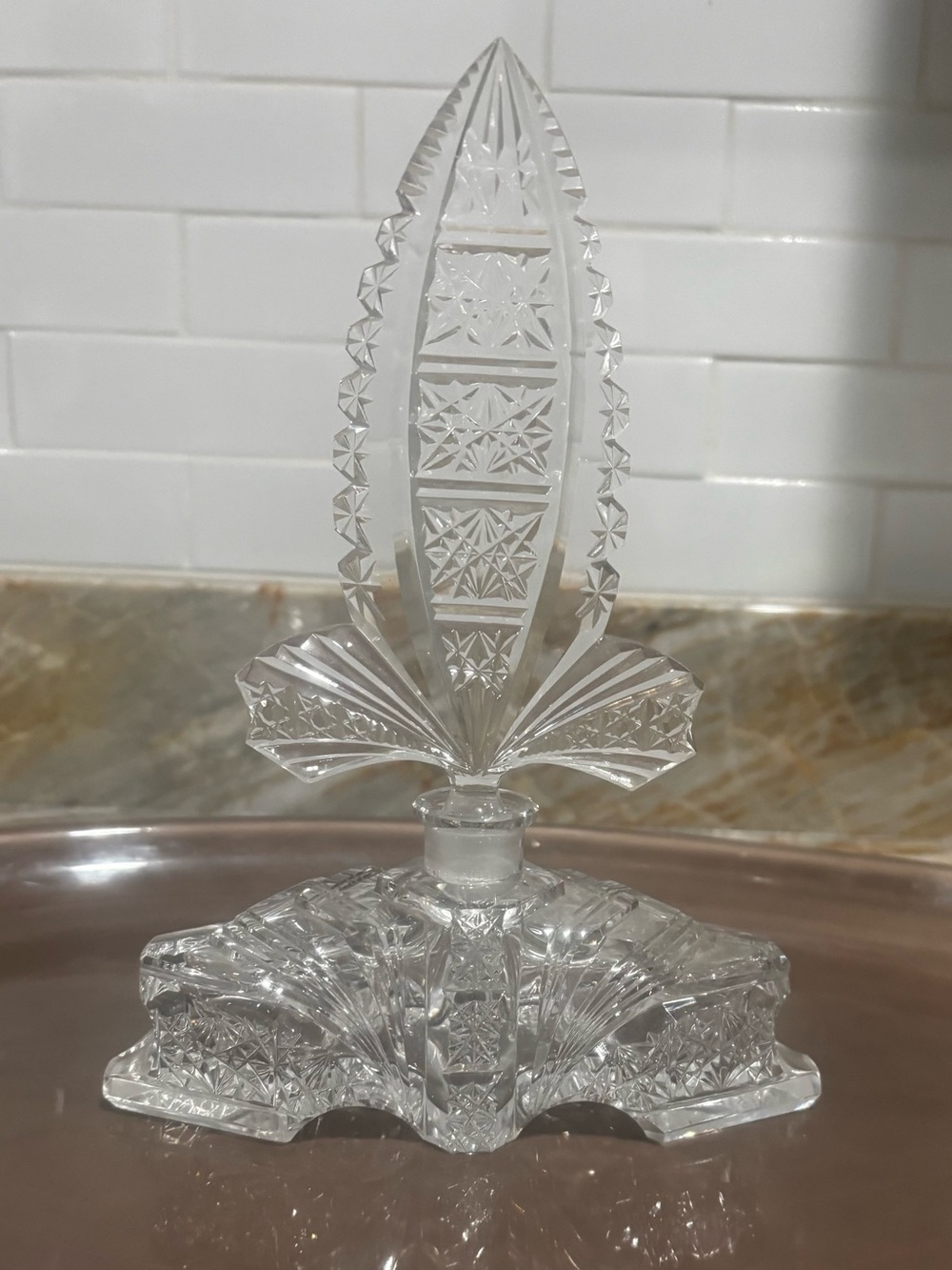Art Deco Crystal Cut Glass Decorative Perfume Bottle -